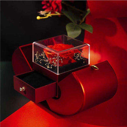 Preserved rose jewelry gift box with necklace – on table with drawer open