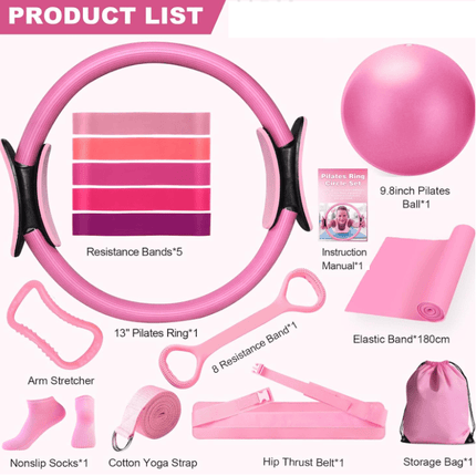 13-Piece Pilates & Yoga Set – Pilates Ring, Mini Ball, Resistance Bands, Grip Socks & BagPink3