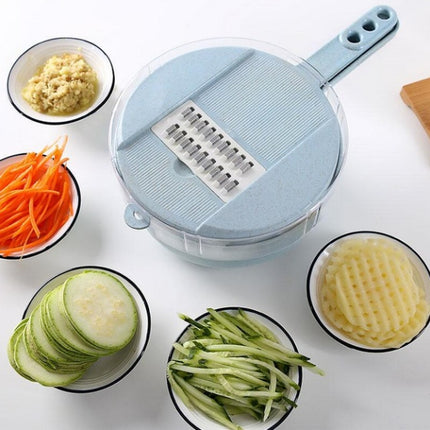 8-in-1 mandoline slicer and vegetable chopper – with blades and sliced vegetables