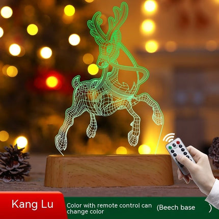 3D Christmas Night Light – Acrylic LED Lamp with Wooden Base, Tree, Elk & Gnome DesignsElk – Color Wood Base10