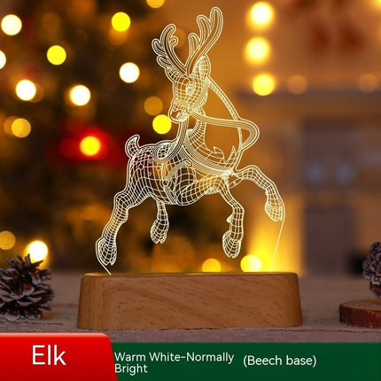 3D Christmas Night Light – Acrylic LED Lamp with Wooden Base, Tree, Elk & Gnome DesignsElk – Wood Base4