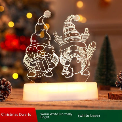 3D Christmas Night Light – Acrylic LED Lamp with Wooden Base, Tree, Elk & Gnome DesignsGnome7