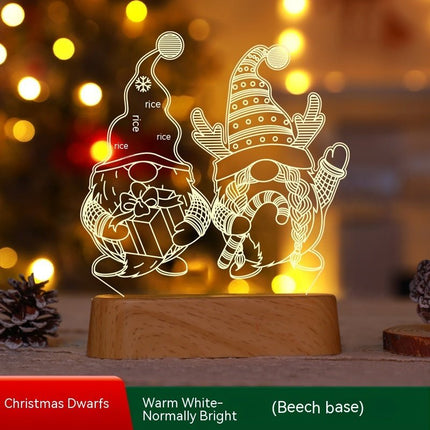 3D Christmas Night Light – Acrylic LED Lamp with Wooden Base, Tree, Elk & Gnome DesignsGnome – Wood Base5