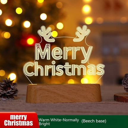 3D Christmas Night Light – Acrylic LED Lamp with Wooden Base, Tree, Elk & Gnome DesignsMerry Christmas – Wood Base12