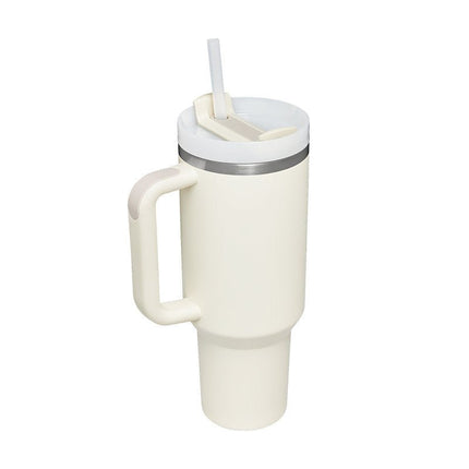 40 oz Insulated Tumbler with Handle & Straw – Stainless Steel Travel Mug with LidCream White8