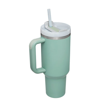 40 oz Insulated Tumbler with Handle & Straw – Stainless Steel Travel Mug with LidEucalyptus9