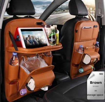 Car seat back organizer with tray – brown