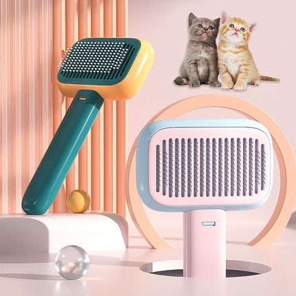 Self-cleaning pet grooming brush – with cats, green and grey