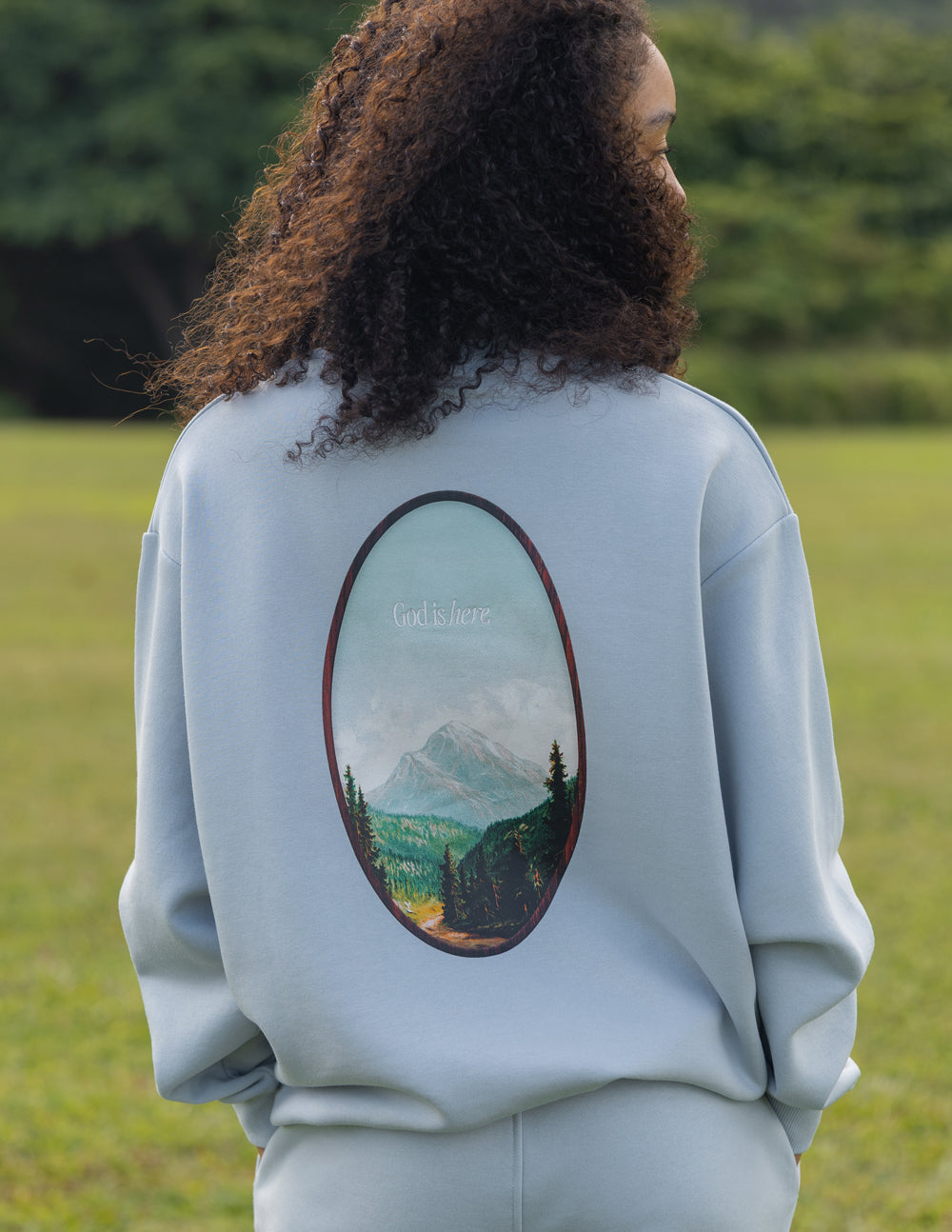 Elevated Faith God Is Here Unisex Crewneck - Pearl Blue