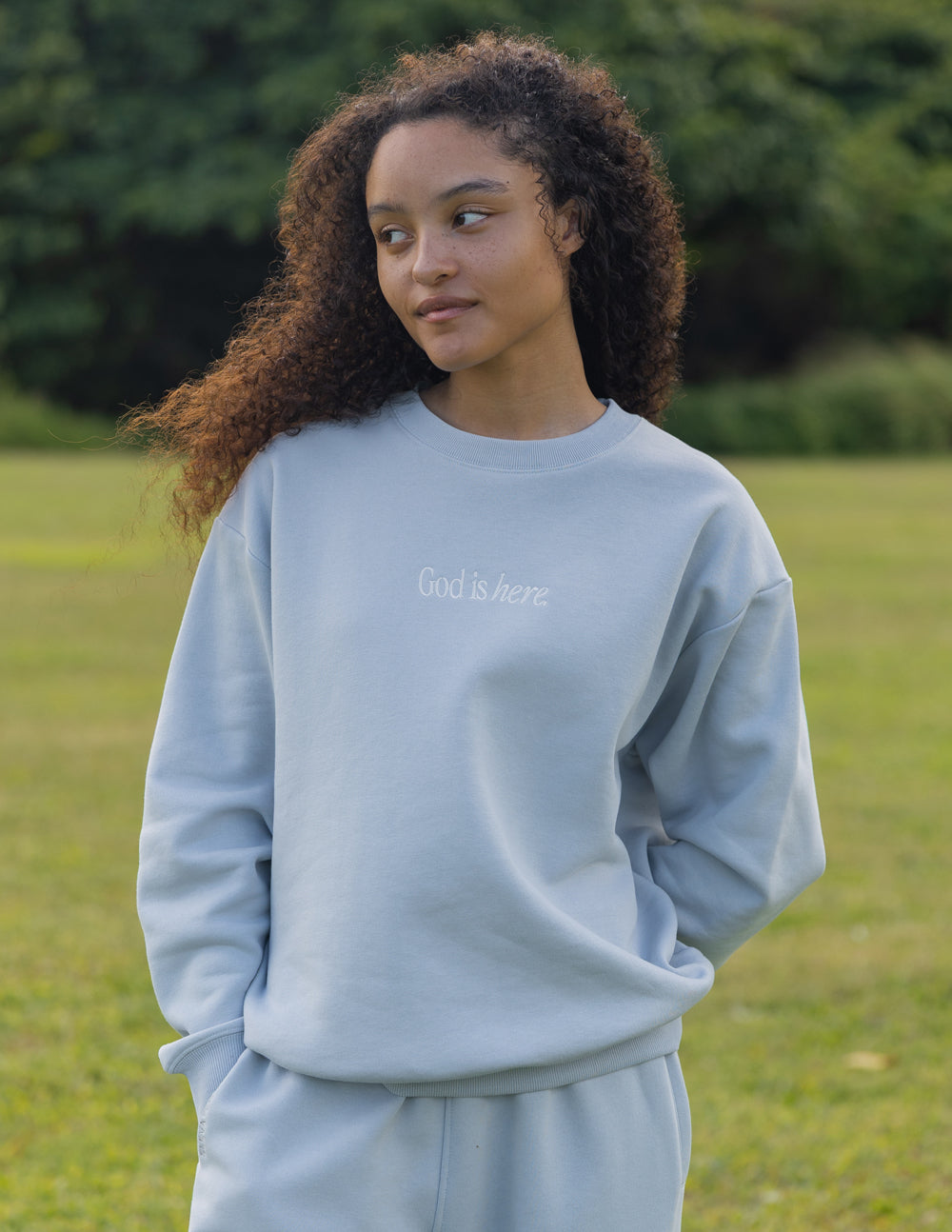 Elevated Faith God Is Here Unisex Crewneck - Pearl Blue
