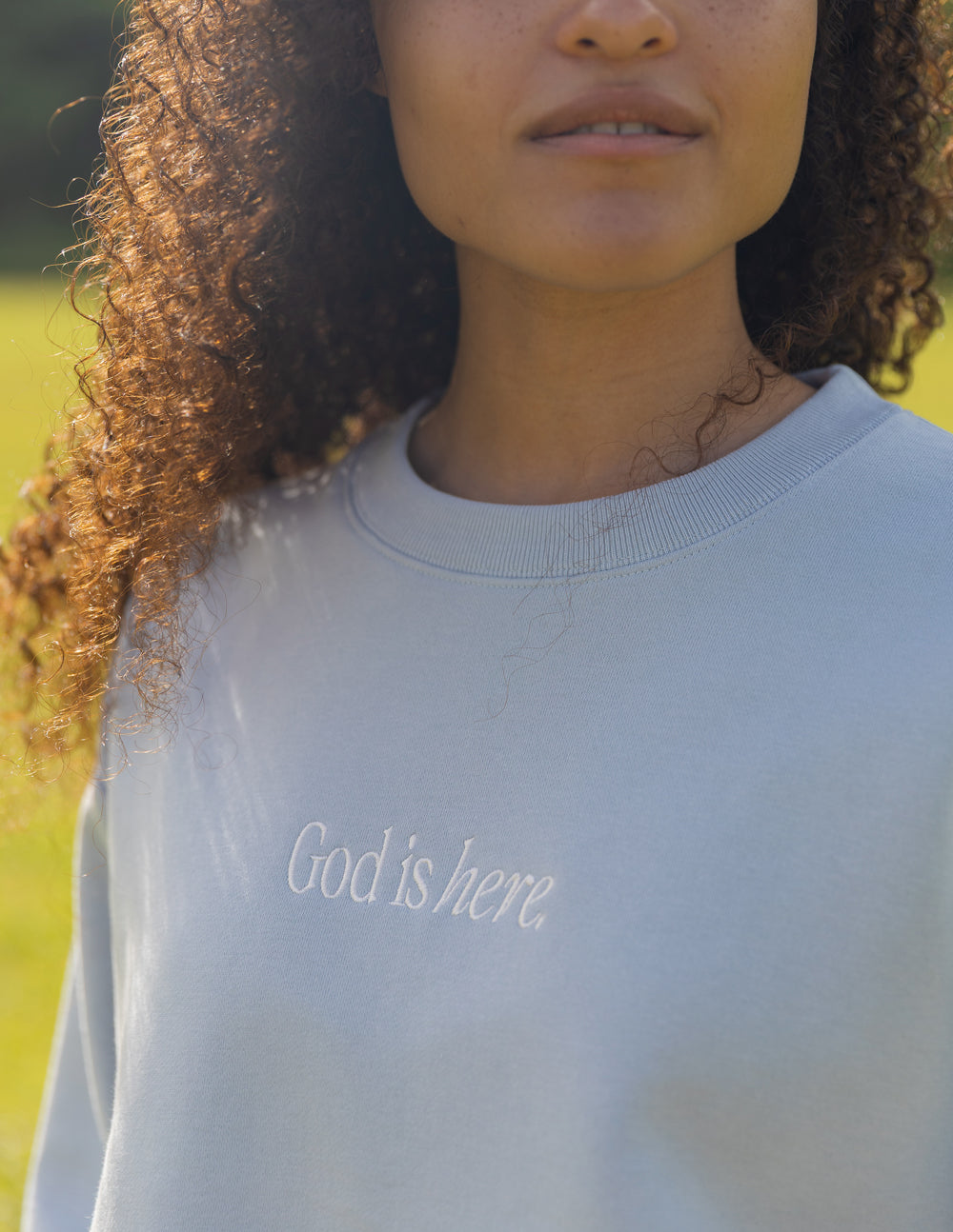 Elevated Faith God Is Here Unisex Crewneck - Pearl Blue