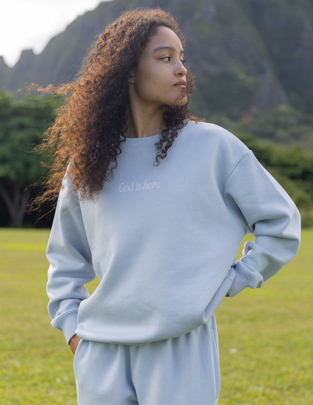 Elevated Faith God Is Here Unisex Crewneck - Pearl Blue