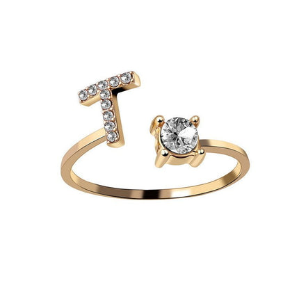 Adjustable Initial Letter Ring – A to Z Alphabet Ring with Sparkling Stones, Gold or Silver ToneGold22
