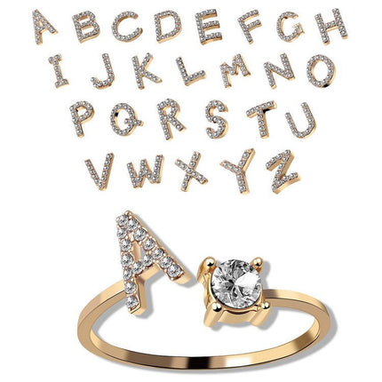 Adjustable Initial Letter Ring – A to Z Alphabet Ring with Sparkling Stones, Gold or Silver ToneGold1