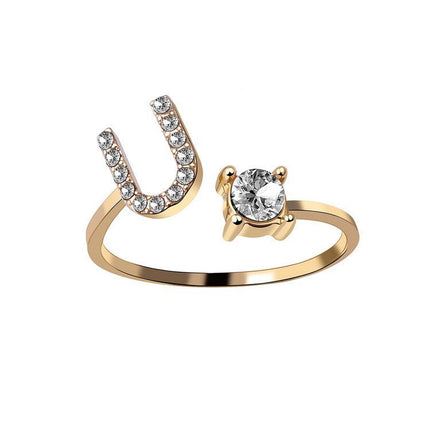 Adjustable Initial Letter Ring – A to Z Alphabet Ring with Sparkling Stones, Gold or Silver ToneGold23