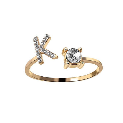 Adjustable Initial Letter Ring – A to Z Alphabet Ring with Sparkling Stones, Gold or Silver ToneGold13