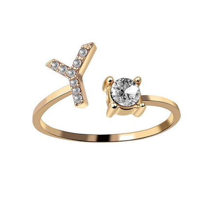 Adjustable Initial Letter Ring – A to Z Alphabet Ring with Sparkling Stones, Gold or Silver ToneGold27