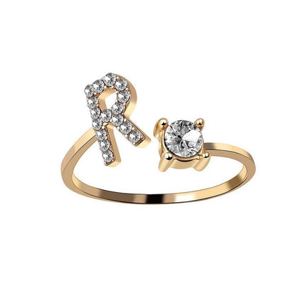 Adjustable Initial Letter Ring – A to Z Alphabet Ring with Sparkling Stones, Gold or Silver ToneGold20