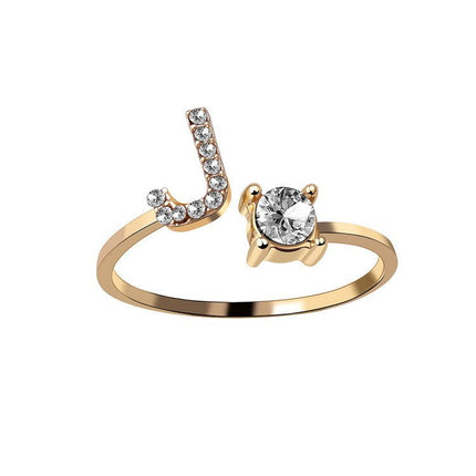 Adjustable Initial Letter Ring – A to Z Alphabet Ring with Sparkling Stones, Gold or Silver ToneGold8