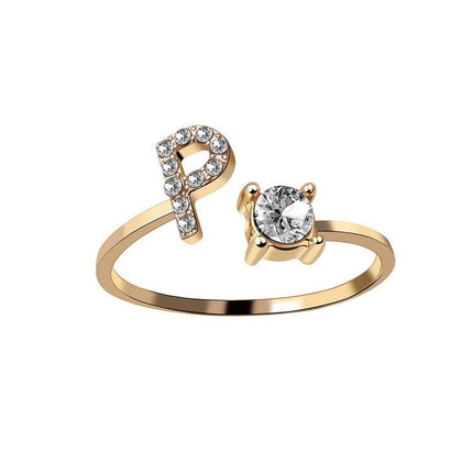 Adjustable Initial Letter Ring – A to Z Alphabet Ring with Sparkling Stones, Gold or Silver ToneGold18