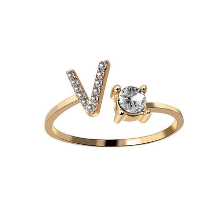 Adjustable Initial Letter Ring – A to Z Alphabet Ring with Sparkling Stones, Gold or Silver ToneGold24