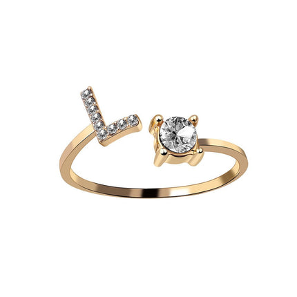 Adjustable Initial Letter Ring – A to Z Alphabet Ring with Sparkling Stones, Gold or Silver ToneGold14