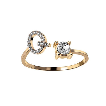 Adjustable Initial Letter Ring – A to Z Alphabet Ring with Sparkling Stones, Gold or Silver ToneGold19