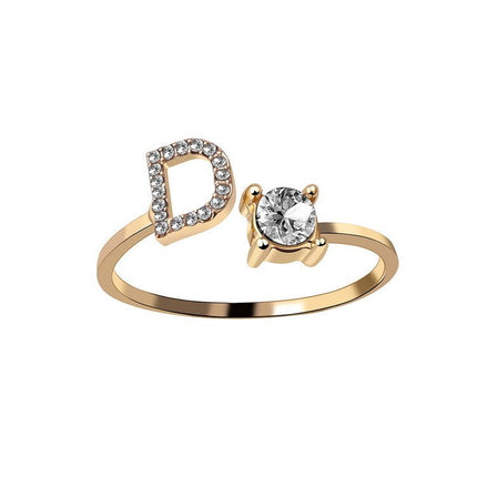 Adjustable Initial Letter Ring – A to Z Alphabet Ring with Sparkling Stones, Gold or Silver ToneGold4