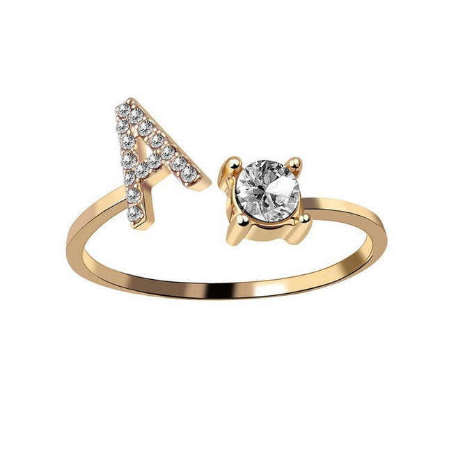 Adjustable Initial Letter Ring – A to Z Alphabet Ring with Sparkling Stones, Gold or Silver ToneGold9