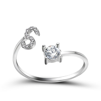 Adjustable Initial Letter Ring – A to Z Alphabet Ring with Sparkling Stones, Gold or Silver ToneSilver47