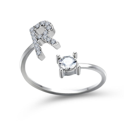 Adjustable Initial Letter Ring – A to Z Alphabet Ring with Sparkling Stones, Gold or Silver ToneSilver46