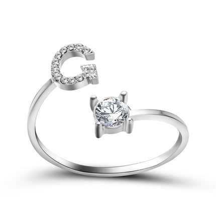 Adjustable Initial Letter Ring – A to Z Alphabet Ring with Sparkling Stones, Gold or Silver ToneSilver35