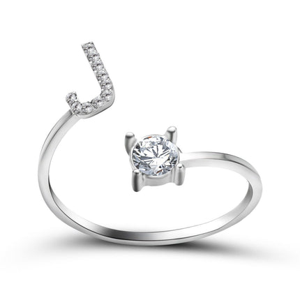 Adjustable Initial Letter Ring – A to Z Alphabet Ring with Sparkling Stones, Gold or Silver ToneSilver38