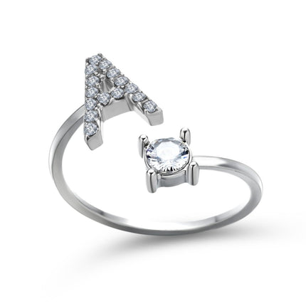 Adjustable Initial Letter Ring – A to Z Alphabet Ring with Sparkling Stones, Gold or Silver ToneSilver29