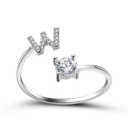 Adjustable Initial Letter Ring – A to Z Alphabet Ring with Sparkling Stones, Gold or Silver ToneSilver51