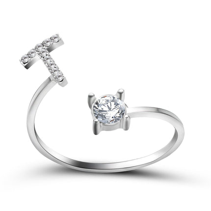 Adjustable Initial Letter Ring – A to Z Alphabet Ring with Sparkling Stones, Gold or Silver ToneSilver48