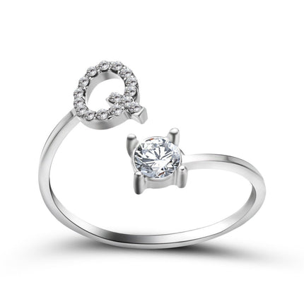 Adjustable Initial Letter Ring – A to Z Alphabet Ring with Sparkling Stones, Gold or Silver ToneSilver45