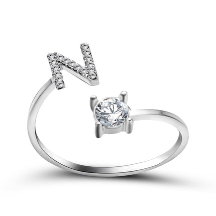 Adjustable Initial Letter Ring – A to Z Alphabet Ring with Sparkling Stones, Gold or Silver ToneSilver42