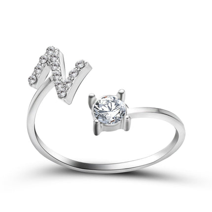 Adjustable Initial Letter Ring – A to Z Alphabet Ring with Sparkling Stones, Gold or Silver ToneSilver54