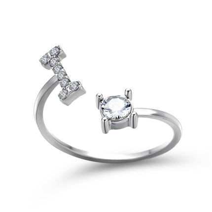 Adjustable Initial Letter Ring – A to Z Alphabet Ring with Sparkling Stones, Gold or Silver ToneSilver37