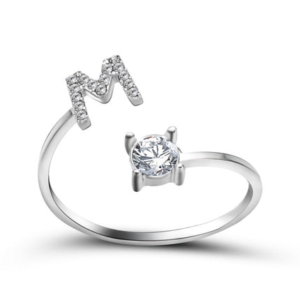 Adjustable Initial Letter Ring – A to Z Alphabet Ring with Sparkling Stones, Gold or Silver ToneSilver41