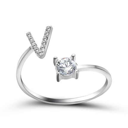 Adjustable Initial Letter Ring – A to Z Alphabet Ring with Sparkling Stones, Gold or Silver ToneSilver50