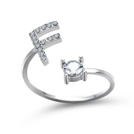 Adjustable Initial Letter Ring – A to Z Alphabet Ring with Sparkling Stones, Gold or Silver ToneSilver34