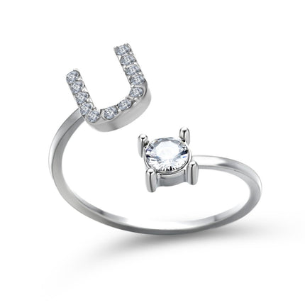 Adjustable Initial Letter Ring – A to Z Alphabet Ring with Sparkling Stones, Gold or Silver ToneSilver49