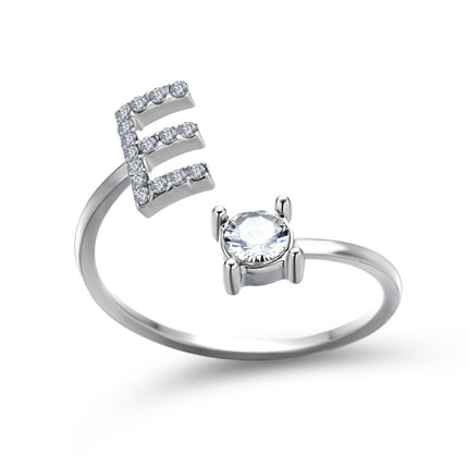 Adjustable Initial Letter Ring – A to Z Alphabet Ring with Sparkling Stones, Gold or Silver ToneSilver33