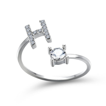 Adjustable Initial Letter Ring – A to Z Alphabet Ring with Sparkling Stones, Gold or Silver ToneSilver36