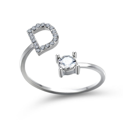 Adjustable Initial Letter Ring – A to Z Alphabet Ring with Sparkling Stones, Gold or Silver ToneSilver32