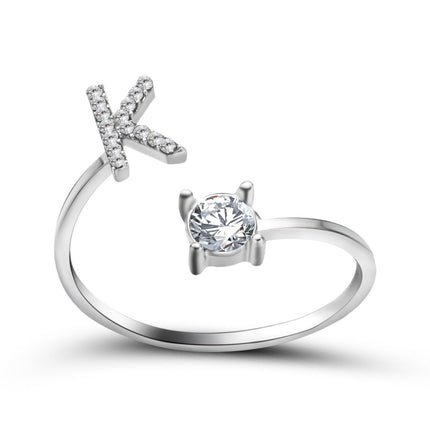Adjustable Initial Letter Ring – A to Z Alphabet Ring with Sparkling Stones, Gold or Silver ToneSilver39