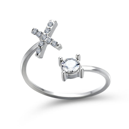 Adjustable Initial Letter Ring – A to Z Alphabet Ring with Sparkling Stones, Gold or Silver ToneSilver52