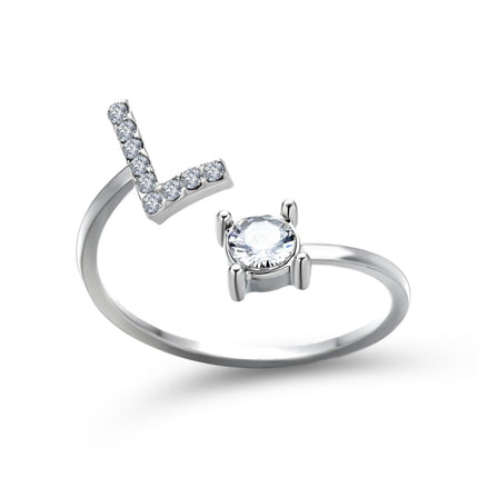 Adjustable Initial Letter Ring – A to Z Alphabet Ring with Sparkling Stones, Gold or Silver ToneSilver40